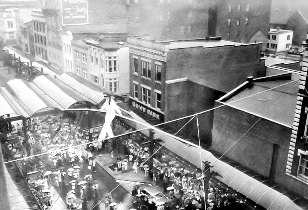 Aerialist Philippe Petite, 1974, Hess Brothers, Allentown_PA