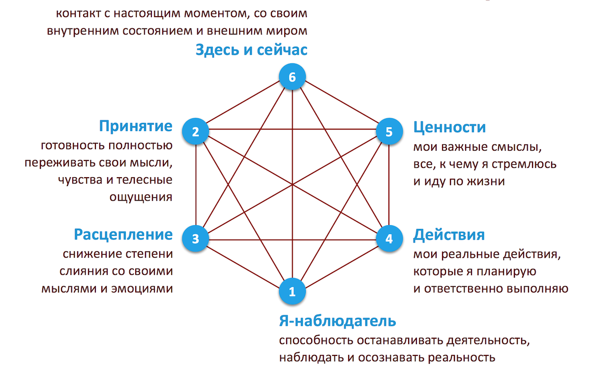 «Гексафлекс», шесть основных принципов АСТ. Отрисовка и перевод — Практики осознанности.